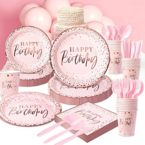 Pink Rose Gold Happy Birthday Party Plates, 168PCS Birthday Party Supplies - Image 6