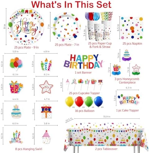 Xynic 214 Pcs Colorful Birthday Decorations Girl Tableware Set, Serves 25 - Image 3