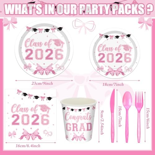 168 Pink Graduation Decor Pink Bow Class of 2026 Party Supplies - Image 2