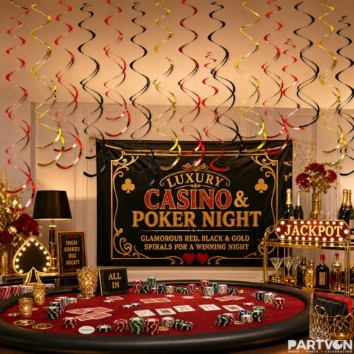 32 PCS Red Black Gold Hanging Swirl Decorations, Sparkle Ceiling Swirls with Plastic Streamers for Casino Night, Graduation, Birthday, Wedding, Hollywood Theme, Baby Shower - Image 7