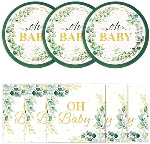 40pcs Sagegreen Oh Baby Plates&Napkins Green Eucalyptus Baby Shower Plates by BOKFJBP