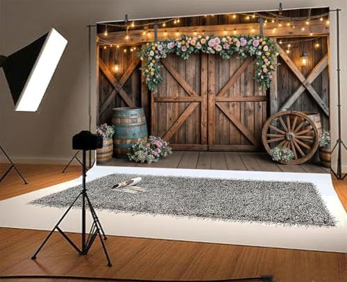6x4ft Country Wedding Photography Backdrop Rustic Barn Door Photography Backdrop Farmhouse Pink Flower Cabin Wooden Birthday Baby Shower Wedding Bridal Party Banner Photo Booth Props Background - Image 5