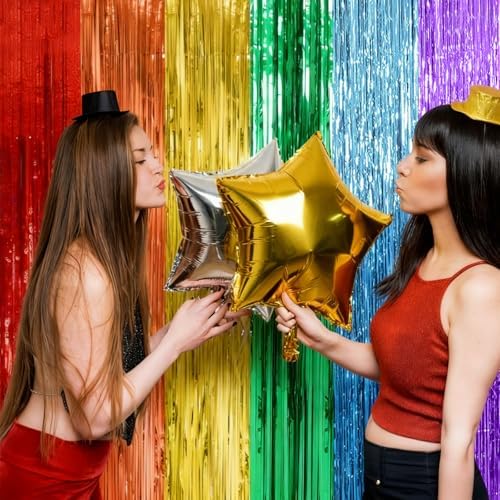 5 Pack Rainbow Backdrop Party Decorations Tinsel Curtain Party Streamer Foil Fringe Birthday Decorations Photo Booth Colorful Theme First Day of School Engagement Baby Shower Decor - Image 2