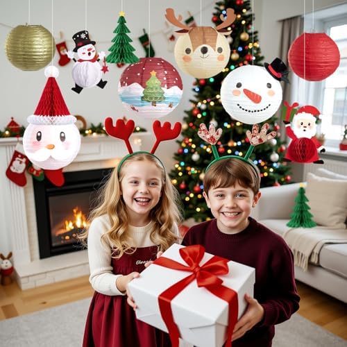 Christmas Hanging Paper Lanterns and Honeycomb Set, 11 PCS Santa Snowman Reindeer Theme Lanterns and Paper Christmas Tree Honeycombs, Holiday Ceiling Party Decorations for Home, Classroom - Image 6