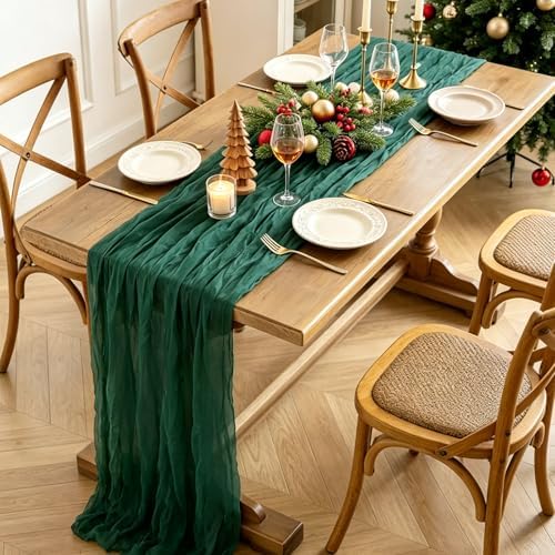 Christmas Table Runner, 10FT Cheesecloth Emerald Green Table Runners 35*120inch Rustic Vintage Table Runner for Christmas Holiday Indoor Home Kitchen Table Party Decorations - Image 5