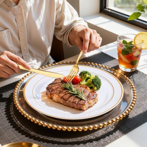 WDF Partyware 350Piece Gold Dinnerware Set for 50 Guests - Gold Plastic Plates with Disposable Cutlery - 50Dinner Plates-50Dessert Plates-50Pre Rolled Napkins with Silverware for Wedding/Thanksgiving - Image 2