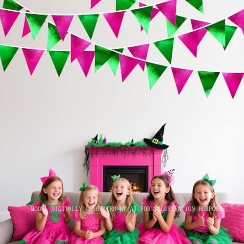 Pink and Green Party Decorations Metallic Hot Pink Light Green Fabric Triangle Pennant Banner Flag Bunting Garland for Witches Theme Birthday Wedding Baby Shower Engagement Bachelorette Party Supplies - Image 5