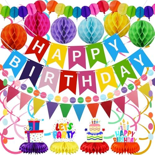 Birthday Decorations Kit, Happy Birthday Banner with Table Centerpieces, Colorful Paper Flag Garland, Hanging Swirl Streamers & Honeycomb Balls for All Birthday Party Decorations by Recosis