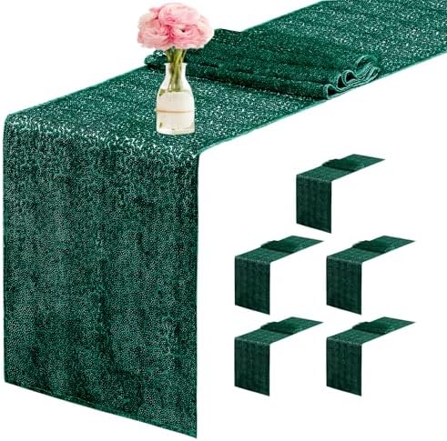6 Packs 12 x 72 inches Sequin Table Runner, Hunter Green Glitter Table Runner for Birthday Party Supplies Wedding Engagement Baby Shower Holiday Celebration Event Decorations by Yblut