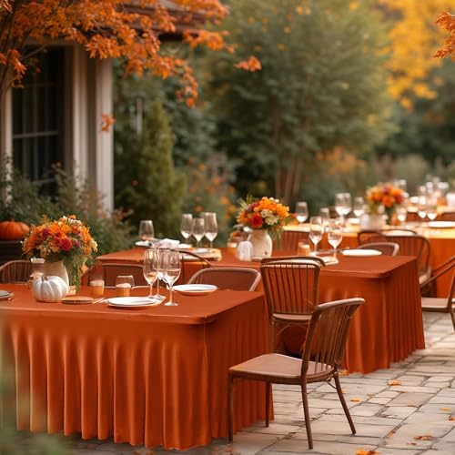 HolidayIdeas 4 Pack Rust Spandex Table Skirts 8ft Fall Tablecloths Ruffle - Image 3