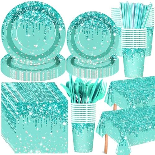 Funnymoom 452 Pcs Teal Glitter Party Decoration Supplies Serve 50 Guests by Funnymoom