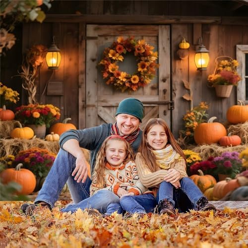 15x10ft Fall Backdrops for Photography Glitter Rustic Wooden Barn Door Fall Photo Backdrop Hay Bales Flowers Pumpkins Autumn Harvest Background Warm Thanksgiving Decorations - Image 2