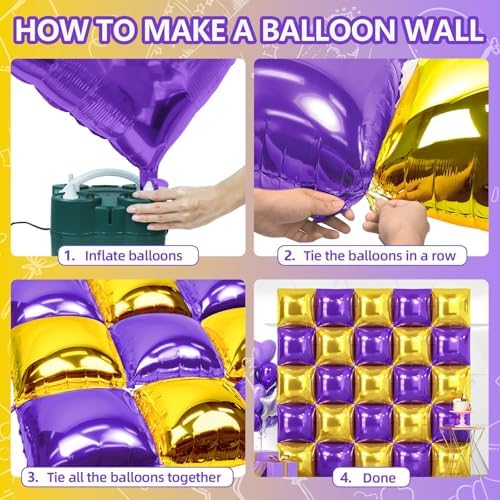 NISOCY 25PCS Purple and Gold Square Foil Balloons Wall Backdrop - Image 4