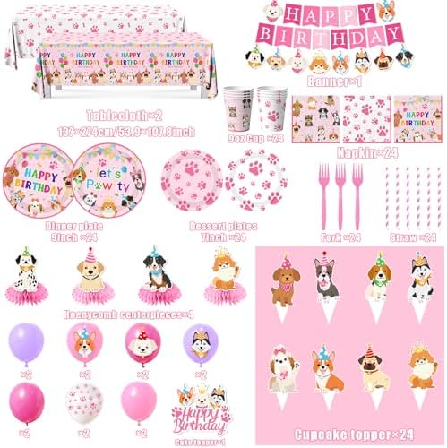 Dog Birthday Party Decorations Include Lets Pawty Plates Napkins Pink Puppy Tablecloth Banner Balloons Cupcake Toppers Tableware Set for Girls Puppy Birthday, Dog Party Decorations Serves 24 - Image 6