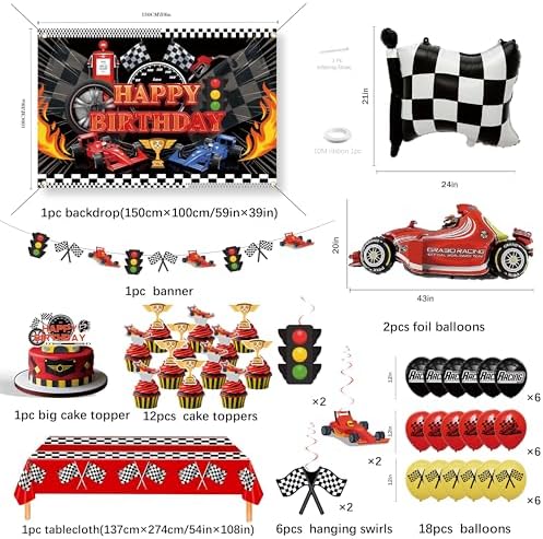 Happy Birthday Decorations For Women Men,Birthday Backdrop,Banner Balloons,Table Cloth,Paper pom poms Party Supplies for Girls Boys (Race car) - Image 2