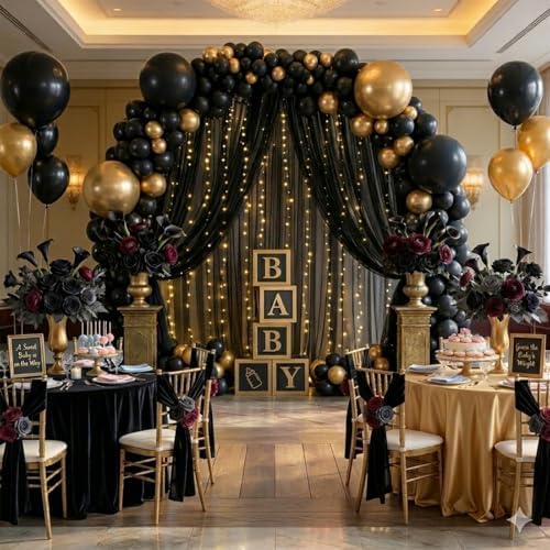 Gallety Black Tulle Backdrop Curtain with String Lights, 10x8ft Sheer Black Backdrop Curtain for Photography, Gothic Wedding, Halloween, Birthday,Graduation, Gala, Cocktail Party Decorations - Image 4