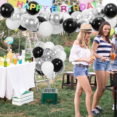 100pcs Black and Silver Balloons, 12inch Black White Silver Confetti Ballons for Birthday, Baby Shower, Graduation, Anniversary Party Decorations - Image 4