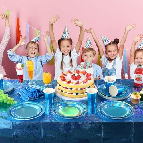 Iridescent Blue Party Supplies Decorations Serve 25, Holographic Blue Paper Plates and Napkins, Disposable Iridescent Party Plates Cups Napkins for Wedding Anniversary Birthday Bridal Shower Party - Image 7