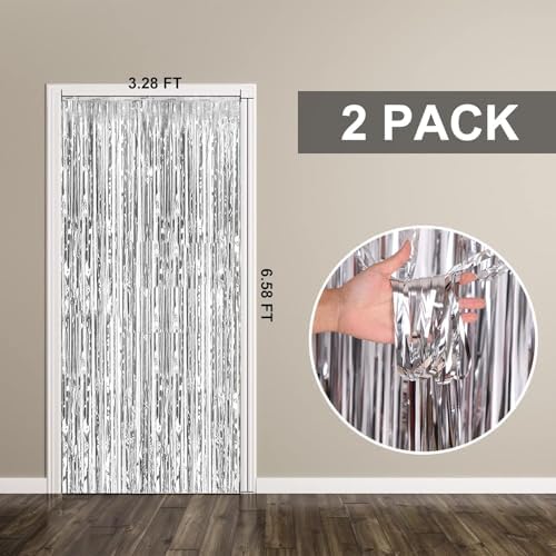 2 Pack Silver Foil Curtain Party Streamers Metallic Tinsel Foil Fringe Photo Booth Backdrop for Birthday Wedding Engagement Baby Shower Bachelorette Christmas Holiday Celebration Party Decorations - Image 7