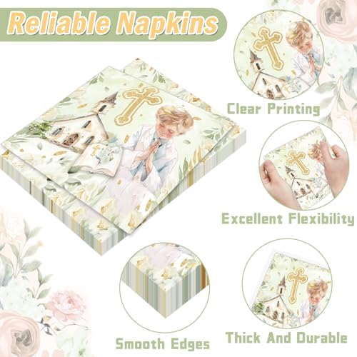 96Pcs First Communion Plates and Napkins for Baptism God Bless Party Supplies Green Mi Primera Comunion Paper Dessert Plates Tableware Set for Boy 24 Guests Baby Birthday Christening Party Decorations - Image 4