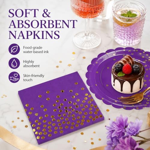 50PCS Purple Paper Plates and Napkins Set - Purple and Gold Dot Party Plates Disposable Party Tableware Dinnerware Set Party's Supplies Decorations for Birthdays, Baby Shower, Weddings and Holidays - Image 5