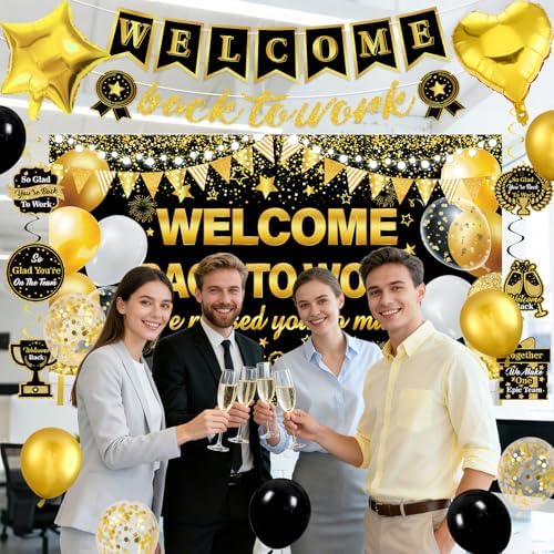 27pcs Welcome Back to Work Decorations Office Black Gold Welcome Back to Work Banner Balloons We Missed You So Much Backdrop Hanging Swirls Table Centerpieces Foil Balloons for Back to Work Office - Image 7