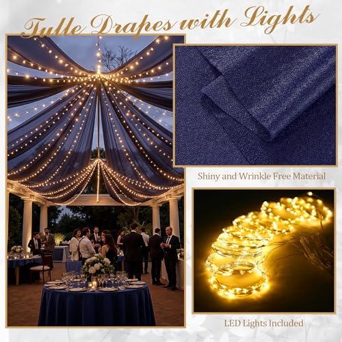 12 Panels Dark Blue Ceiling Curtains with Lights for Weddings - 5ftx20ft Wrinkle-Free Tulle Fabric Wedding Arch Draping Ceiling Drapes Decorations for Wedding Party Ceremony Stage Tent Event - Image 3