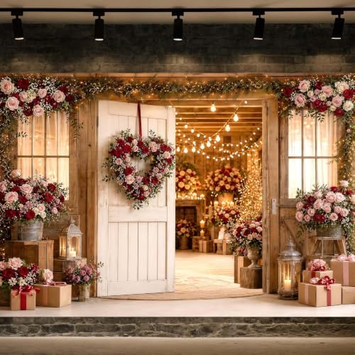 Rustic Wooden Farmhouse Door Backdrop Red Pink Floral Wreath String Lights Barn Wedding Photography Background Country Bridal Shower Valentine Party Photo Booth Decor 6x4 FT - Image 6