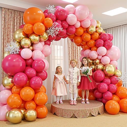 Pink and Orange Balloon Arch Kit,412Pcs Hot Pink Orange Metallic Gold Latex Balloon Garland kit 18 12 10 5 Inch Different Size Balloons for Birthday Wedding Tropical Summer Party Decorations - Image 5