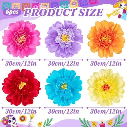 SUNBEAUTY Large Paper Flowers Giant Fiesta Tissue Paper Flowers Decorations for Wall 12 Inch Colorful Mexican Flowers for Summer Birthday Wedding Backdrop Bridal Shower Tropical Luau Carnival Party - Image 3