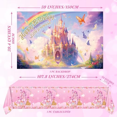 164 PCS Princess Birthday Party Decorations For Girl, 12 Tableware Sets, Castle Balloons, Balloon Arch, Disposable Paper Plates, Backdrop, Balloon Pump, Princess Party Decorations - Image 5