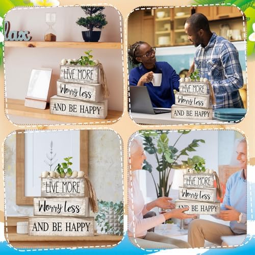 Moucuny 4 Pcs Inspirational Farmhouse Table Decor Rustic Stacked Wooden Block Sign - Live More Worry Less Be Happy Centerpieces Set with Beaded Tassel and Artificial Plant for Home, Office, Shelf Gift - Image 4