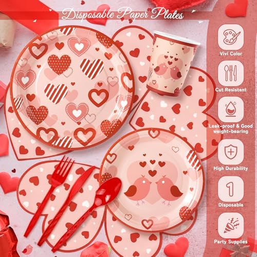 168PCS Red Love Heart Party Supplies for Valentines,Galentines Disposable Paper Plates Napkins Cups Cutlery for 24 Guest,Love Party Tableware for Anniversary Wedding Engagement Birthday Baby Shower - Image 3