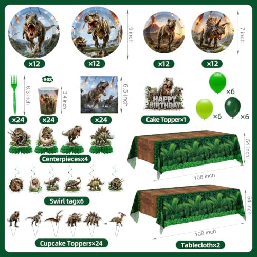 182 Pcs Dinosaur Birthday Party Decorations (Serves 24), Dino Party Decorations Include Banner Hanging Plates Napkins Cups Forks Knifes Tablecloth Topper Balloons for Party - Image 2