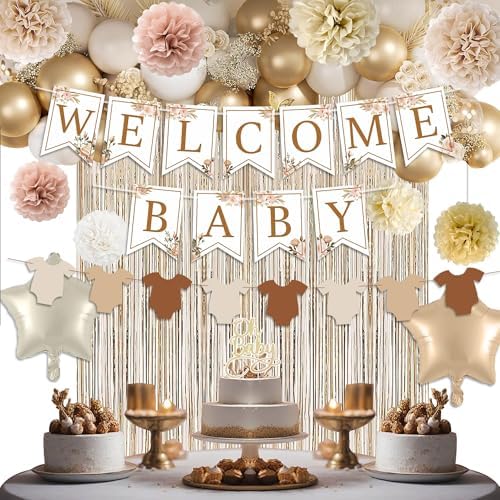 Champagne Baby Shower Decorations, Boho Beige Baby Shower Decor Set with Welcome Baby Banner,Tissue Pom Poms,Oh Baby Cake Topper,Nude Cream Gold Balloons| Neutral Baby Boy Girl Shower Party Supplies - Image 6
