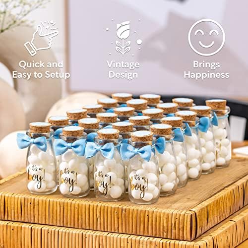 Ethisa Vintage 24 Pack It's a Boy Milk Glass Bottles with Ribbons and Stickers - Classy Baby Shower Favors for Guests and Table Centerpieces - Gender Reveal Boy Decorations - Baby Shower Candy Jar - Image 4