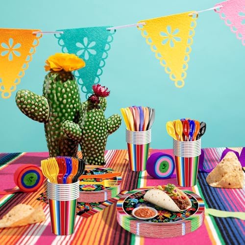 175 Pcs Fiesta Tableware Set – Serves 25, Mexican Party Supplies Disposable Plates, Cups, Napkins, Forks, Spoons, Knives with Floral and Serape Stripe Design for Cinco de Mayo, Birthday Celebrations - Image 5