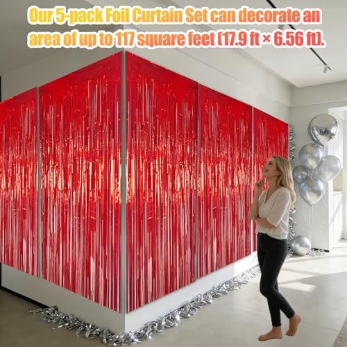 5 Pack 3.28ft x 6.56ft Glitter Red Tinsel Foil Fringe Curtains, Photo Booth Backdrop Party Decorations for Birthday Wedding Baby Shower Graduation Valentines Day New Years - Image 3