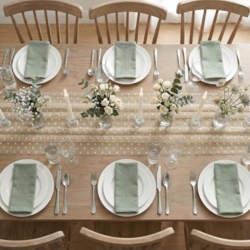 Artoid Mode Beige Gauze Flocking White Dots Table Runner 10FT,Seasonal Sheer Dining Table Decor for Wedding Anniversary Holiday Birthday Home Party - Image 4