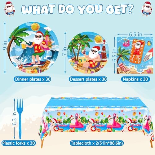 QZYL 122Pcs Summer Christmas Decorations, Tropical Beach Plates Party Supplies, Disposable Xmas in July Plates, Napkins, Cups, Forks and Tablecloth for Beach Pool Party, Serves 30 Guests​ - Image 2