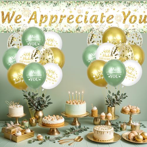 We Appreciate You Decorations Sage Green Appreciate You Banner Yard Sign with 18 Pcs Balloons Thank You for All You Do Banner Employee Staff Gifts Teacher Eucalyptus Leaves Appreciation Party Decor - Image 2