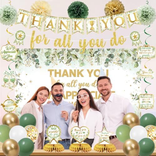 Vlipoeasn We Appreciate You Decorations, Green Gold Thank You for All You Do Party Set with Backdrop Banner Honeycomb Centerpieces Hanging Swirls, Appreciation Decor - Image 6