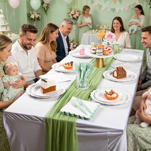 96 Pcs Sage Green and White Paper Plates and Napkins Set Include 9'' White Dinner Plates with Sage Green Scalloped Rim, 7'' Dessert Plates, Napkins & Forks for Baby Shower Wedding Birthday - Image 6
