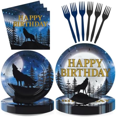 96Pcs Wolf Birthday Party Decorations Wolf Paper Plates and Napkins Full Moon Animal Decoration for Boys Birthday Party Supplies Serves 24 by Greencian