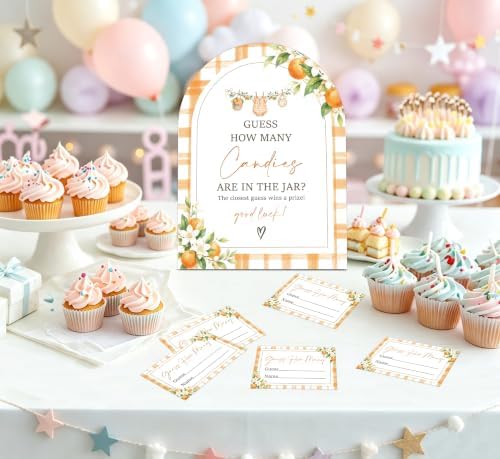 A Little Cutie Baby Shower Games, Orange Guess How Many Candies Are In The Jar, 6x8 Inch Arch Wooden Sign With Stand And 50 Guessing Cards, Gender Reveal Party Supplies & Decorations - JC09 - Image 4