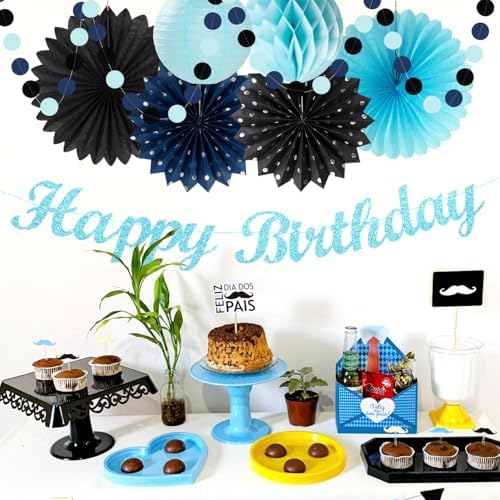 Light-Royal Navy-Blue Black Birthday Party-decorations - 21pcs Boys Men Happy Banner,Paper Streamers Lanterns Honeycomb,Tissue Pom Poms Fan,Adult Supplies Decor 16th 20th 40th 45th 50th 60th Huglony - Image 5