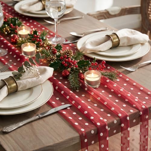 Artoid Mode Red Gauze White Flocking Dots Table Runner 10FT, Christmas Sheer Dining Table Decor for Wedding Anniversary Holiday Birthday Home Party - Image 5