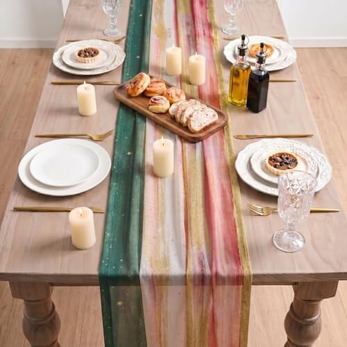 Artoid Mode Boho Green Red Stripes Christmas Chiffon Table Runner 120 Inches 10FT,Seasonal Fabric Kitchen Dining Holiday Table Decor for Home Party - Image 2