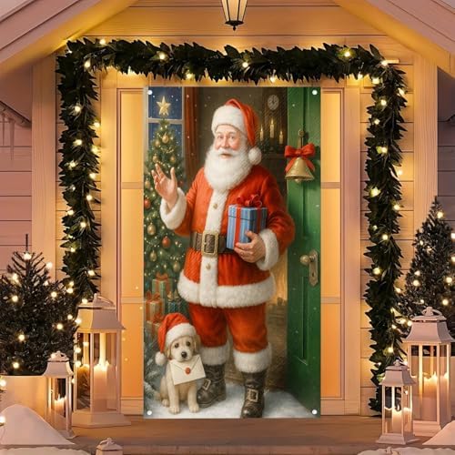 BlissYard Christmas Door Cover Santa Puppy 35x71 Inch Polyester - Image 3