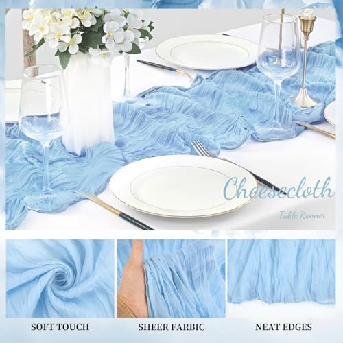 6 Pack Baby Blue Cheesecloth Table Runner 20 x 120 Inch Long Rustic Gauze Cheese Cloth Table Runner for Wedding 10FT Bridal Baby Shower Table Decorations Boho Fabric Sheer Birthday Party Table Decor - Image 3